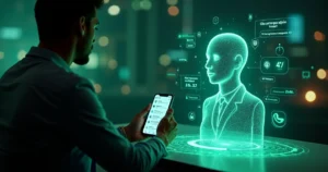 Assistente virtual de WhatsApp em holograma falando com cliente em ambiente escuro digital