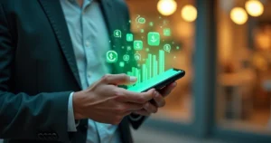 Pessoa segurando celular com conversa do WhatsApp se transformando em itens de venda