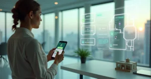 Corretor de imóveis em sala moderna usando painel digital de CRM ligado ao WhatsApp