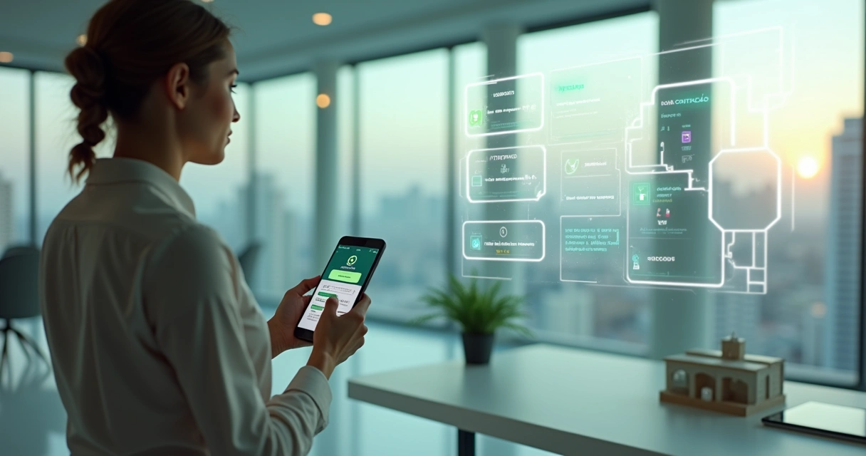Corretor de imóveis em sala moderna usando painel digital de CRM ligado ao WhatsApp
