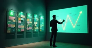 Mural com cards coloridos ligados por ícones de mensagens e funil de vendas desenhado ao lado