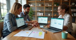 Equipe de pequena empresa em loja usando WhatsApp CRM em mesa compartilhada