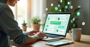 Empreendedor controla painel de chatbot do WhatsApp em mesa simples com estética de baixo custo profissional