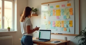 Empreendedor usando quadro físico com notas coloridas e ícones de mensagens do WhatsApp