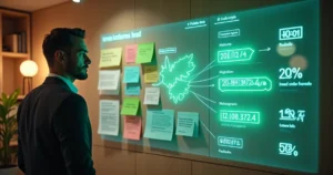 Empresário observando mural físico ligado a WhatsApp e funil de vendas digital