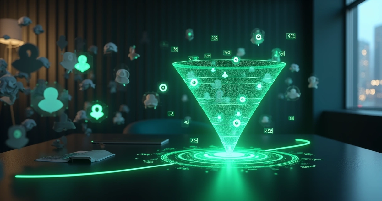 Contato saindo de pilha de ícones cinzas de mensagens para um funil digital iluminado