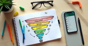 Mesa organizada com funil de vendas do WhatsApp desenhado em caderno ao lado de smartphone