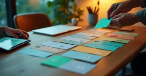 Profissional revendo contatos antigos em cards coloridos ao lado de ícones de WhatsApp