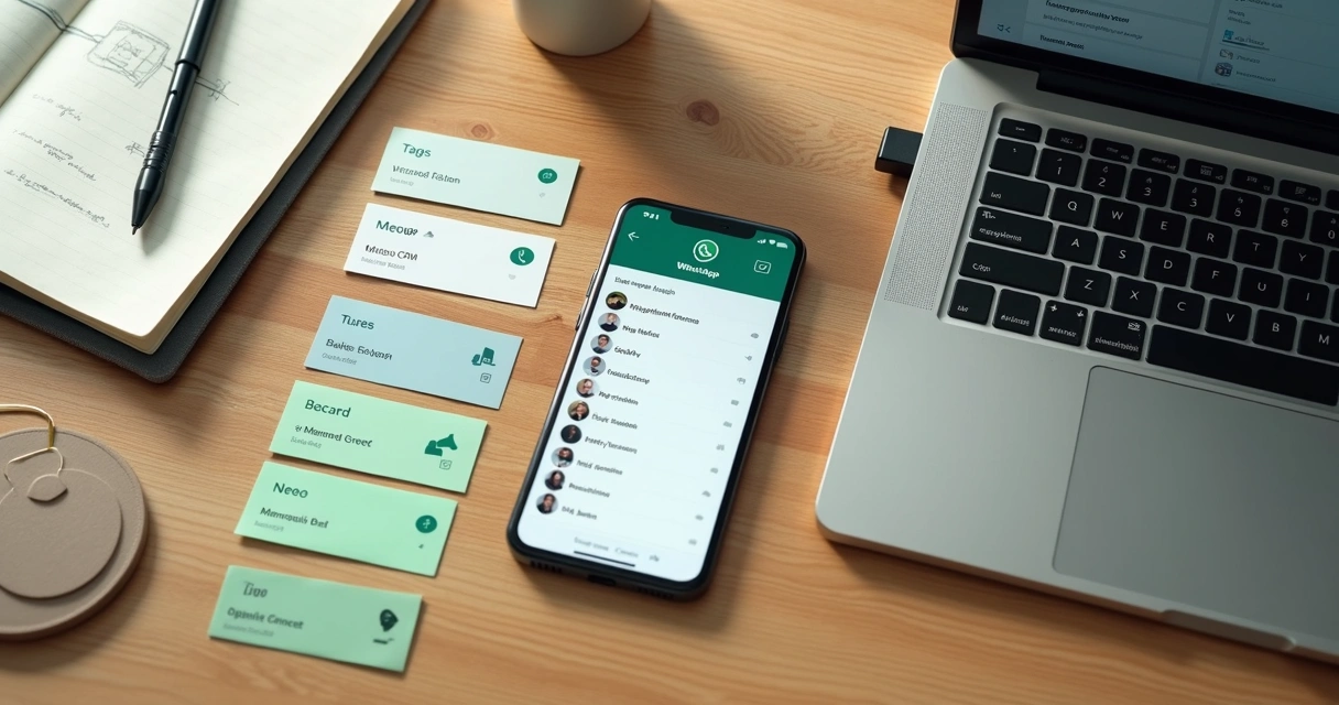 Mesa vista de cima com smartphone exibindo contatos do WhatsApp organizados em lista ao lado de cartões de contato físicos e notebook aberto