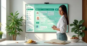 Nutricionista em consultório acompanhando evolução de paciente em painel digital com ícones de mensagens