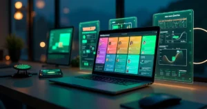 Painel de CRM Kanban digital integrado ao WhatsApp exibido em telas flutuantes