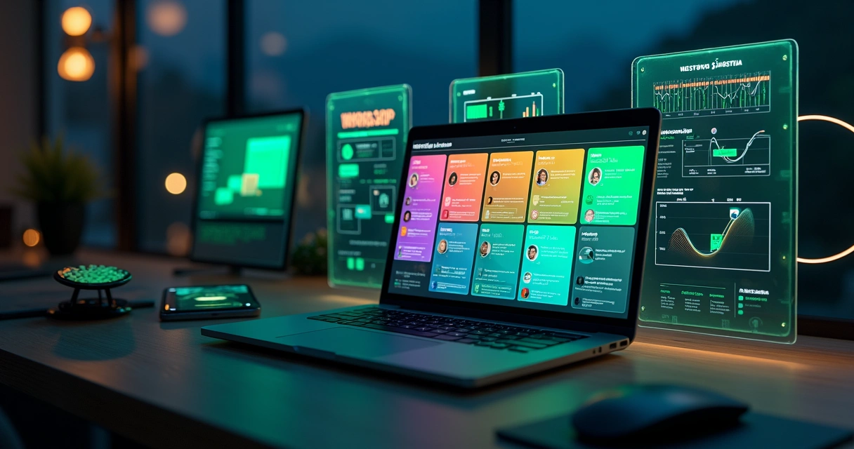 Painel de CRM Kanban digital integrado ao WhatsApp exibido em telas flutuantes
