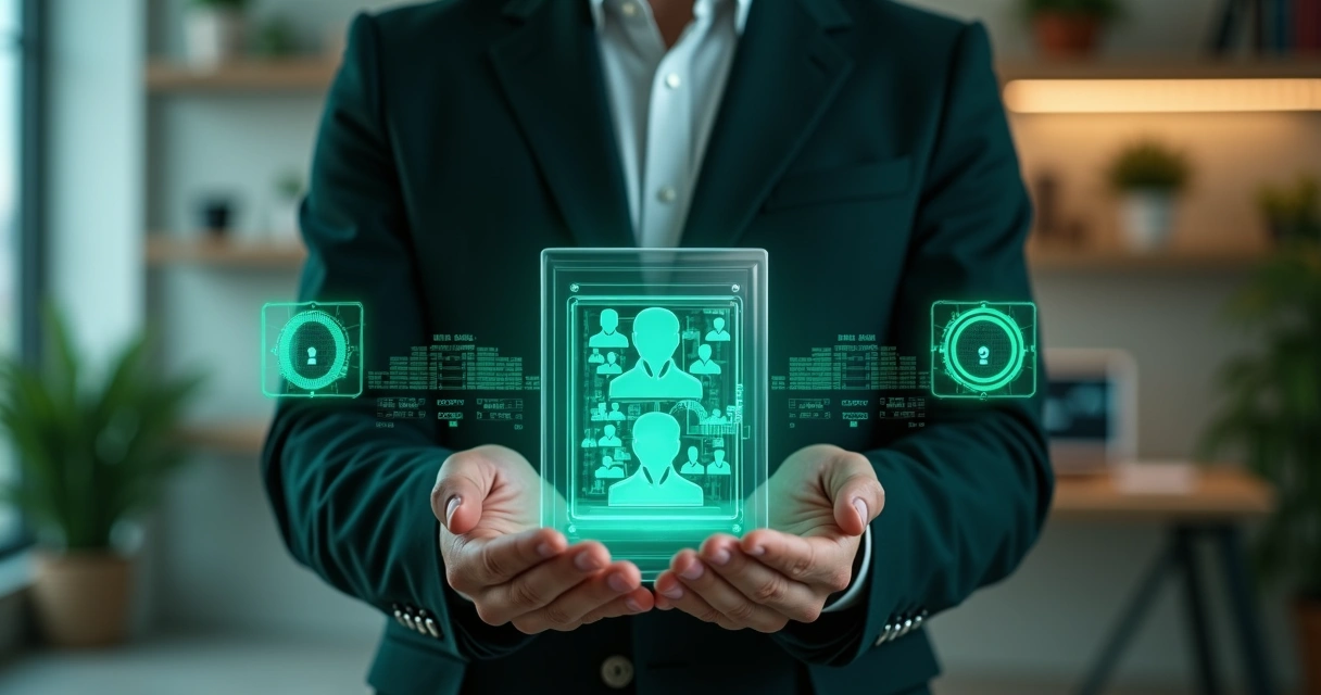 Profissional segurando ícone de contatos do WhatsApp protegido por cofre digital