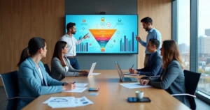 Mesa de reunião com profissionais analisando funil de vendas B2B em tela digital