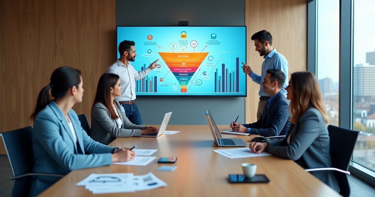 Mesa de reunião com profissionais analisando funil de vendas B2B em tela digital