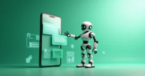 Robô chatbot estilizado interagindo com conversas no WhatsApp em grande smartphone