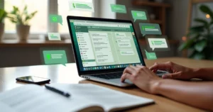 Pessoa escrevendo roteiro de mensagens de vendas para WhatsApp em mesa organizada