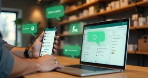 Vendedor organizando vendas pelo WhatsApp em balcão de pequena loja