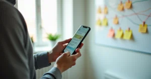 Profissional segurando smartphone com WhatsApp organizado ao lado de painel físico com etiquetas coloridas