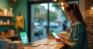 Vendedor de pequeno negócio usando whatsapp para organizar atendimentos no balcão