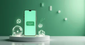 Smartphone exibindo mensagem de boas-vindas no WhatsApp sobre campainha digital brilhando