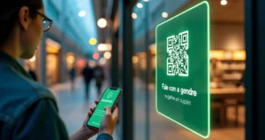 Cliente escaneando QR code de WhatsApp em vitrine de loja para iniciar conversa de vendas