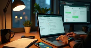 Empresária agenda mensagens do WhatsApp Web em notebook com calendário na tela