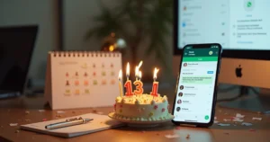 Bolo de aniversário ao lado de smartphone com conversa de WhatsApp aberta em mesa de escritório