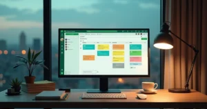 Tela de computador exibindo CRM visual integrado ao WhatsApp com abas coloridas organizando contatos
