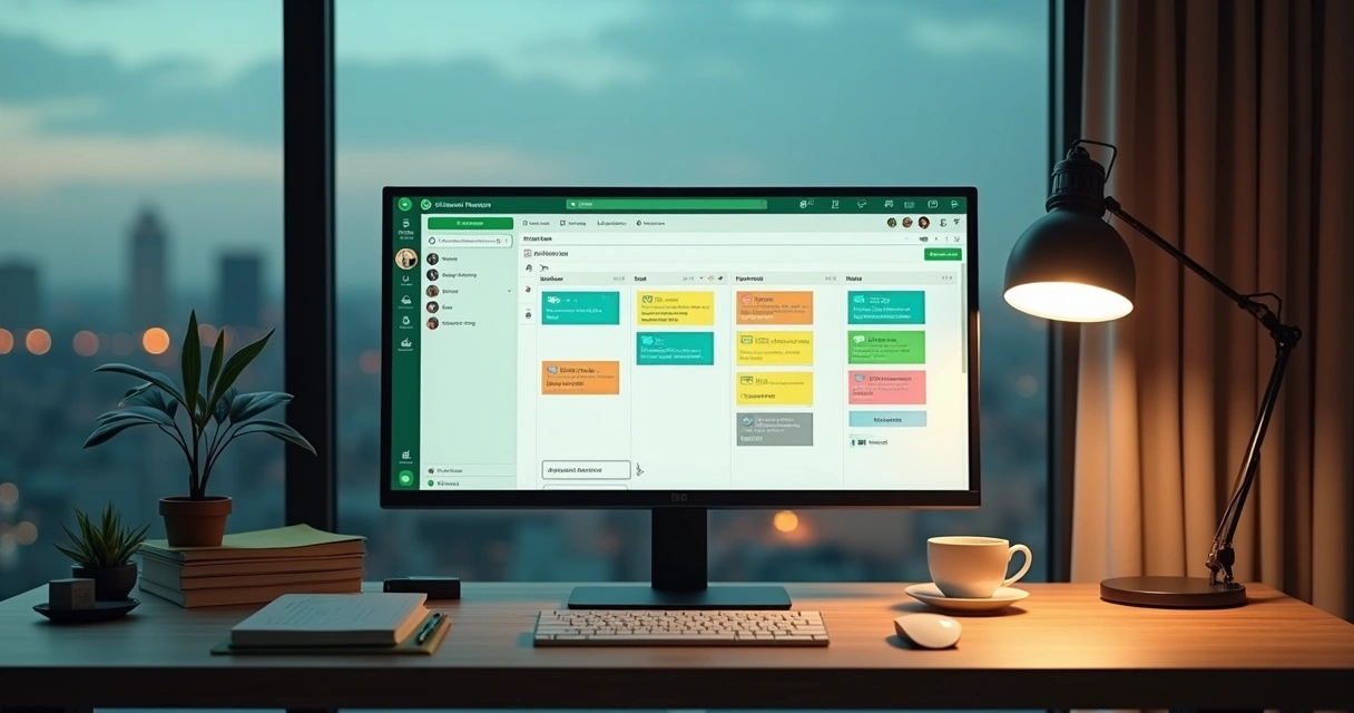 Tela de computador exibindo CRM visual integrado ao WhatsApp com abas coloridas organizando contatos