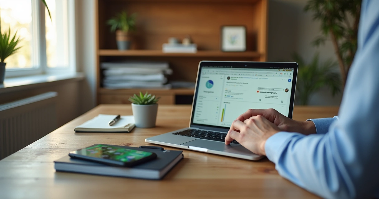 Profissional ajustando assinatura de atendimento no laptop com painel de CRM aberto