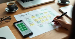 Smartphone com tela de conversas do WhatsApp ao lado de quadro kanban de vendas desenhado em mesa de madeira