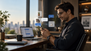Empreendedor responde pelo celular a uma conversa comercial iniciada por um cliente, com cartões digitais abstratos ao fundo